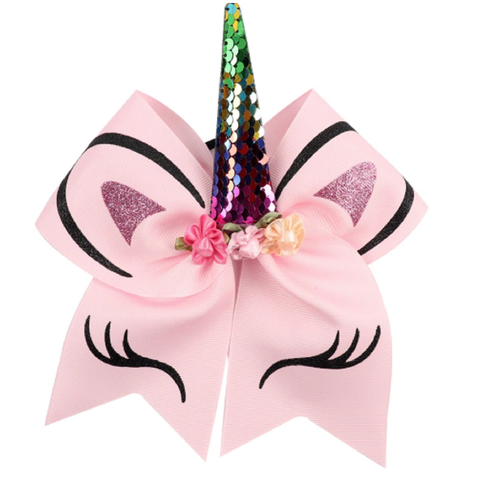 Unicorn Bow Pink Cheer Bow for Girls Large Hair Bows with Ponytail Holder Ribbon