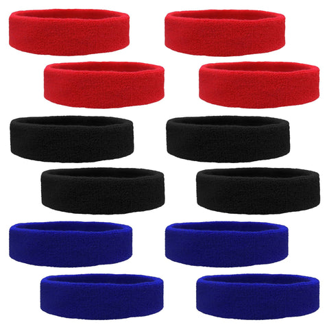 Sweatbands 12 Terry Cotton Sports Headbands Sweat Absorbing Head Bands 4 Red 4 Blue 4 Black