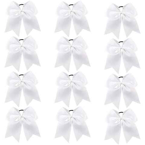12 White Cheer Bows for Girls Large Hair Bows with Clip Holder Ribbon
