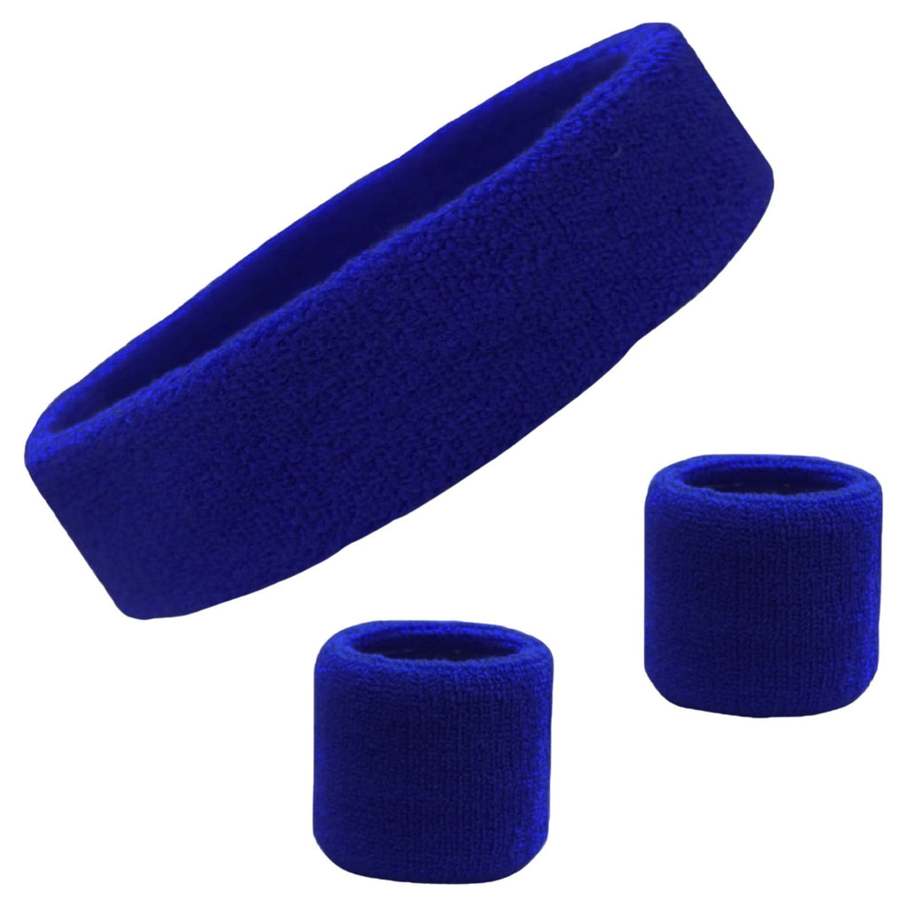 Sweatband Set 1 Terry Cotton Headband and 2 Wristbands Pack Blue