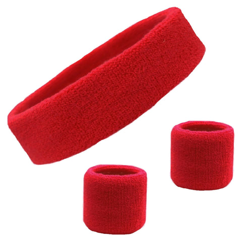 Sweatband Set 1 Terry Cotton Headband and 2 Wristbands Pack Red