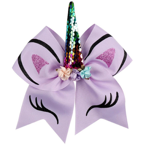 Unicorn Bow Purple Cheer Bow for Girls Large Hair Bows with Ponytail Holder Ribbon