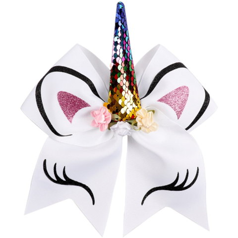 Unicorn Bow White Cheer Bow for Girls Large Hair Bows with Ponytail Holder Ribbon