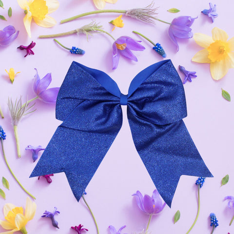 Blue Glitter Cheer Bow for Girls Large Hair Bows with Ponytail Holder Ribbon