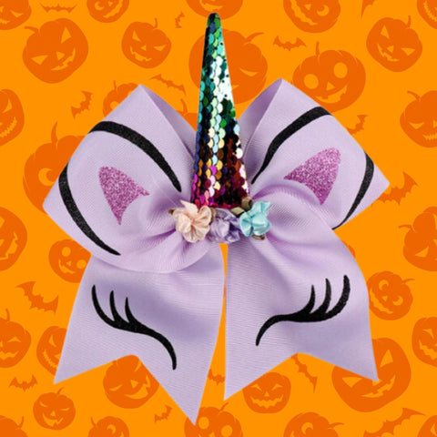 Unicorn Bow Purple Cheer Bow for Girls Large Hair Bows with Ponytail Holder Ribbon