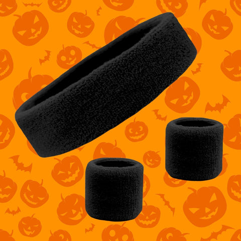 Sweatband Set 1 Terry Cotton Headband and 2 Wristbands Pack Black