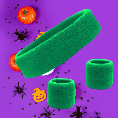 Sweatband Set 1 Terry Cotton Headband and 2 Wristbands Pack Green