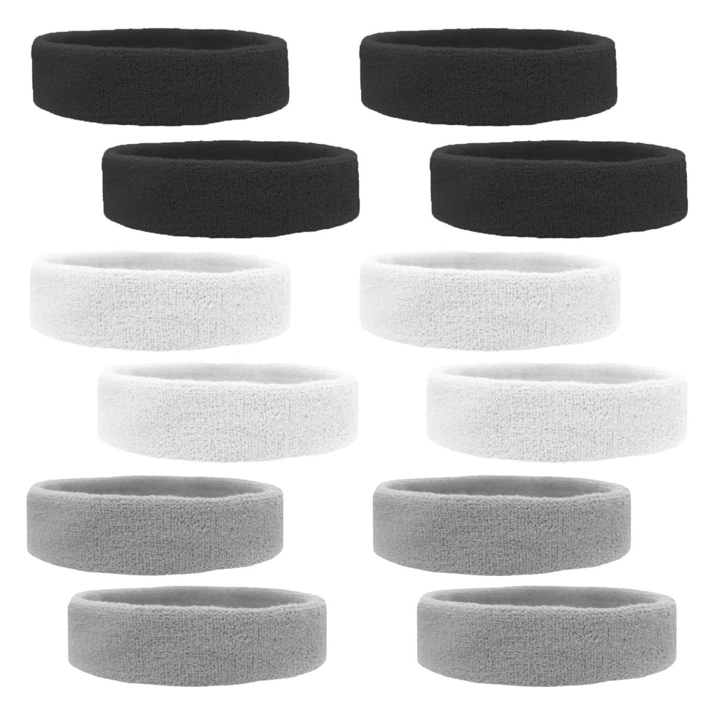 Sweatbands 12 Terry Cotton Sports Headbands Sweat Absorbing Head Bands 4 Black 4 White 4 Gray