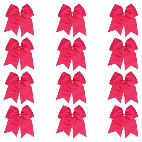 12 Hot Pink Cheer Bows for Girls Large Hair Bows with Clip Holder Ribbon