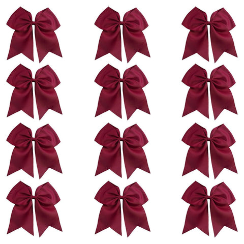 12 Maroon Cheer Bows for Girls Large Hair Bows with Clip Holder Ribbon