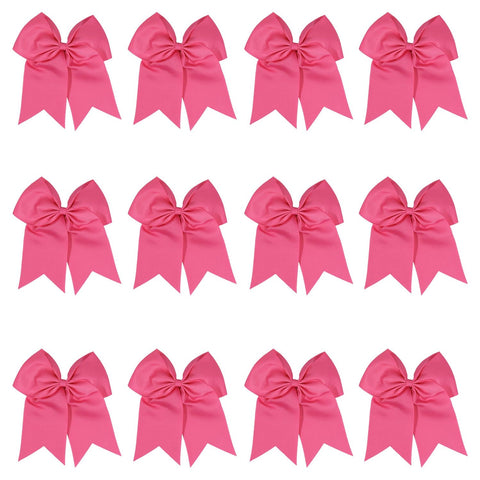 12 Medium Pink Cheer Bows for Girls Large Hair Bows with Clip Holder Ribbon