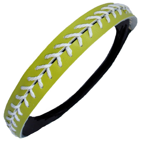 Softball Headband Non Slip Leather Sports Head Bands Lime Green with White Stiching