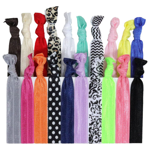 Hair Ties 20 Elastic Prints and Solids Ponytail Holders Ribbon Knotted Bands