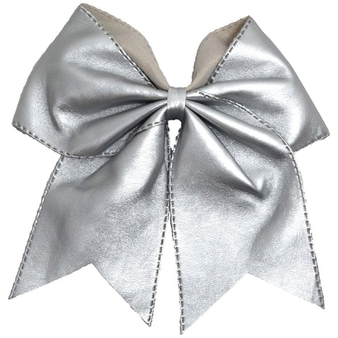 Silver Leather Cheer Bow for Girls Large Hair Bows with Ponytail Holder