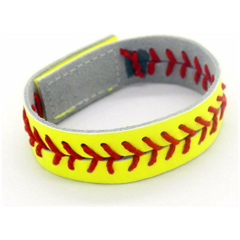 Softball Velcro Sports Bracelet Wristlet Adjustable Wrist Cuff for Women, Girls, Guys, Boys, Teens, and Kids Armband Yellow With Red Softball Stitching