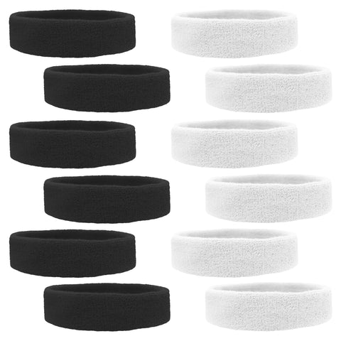 Sweatbands 12 Terry Cotton Sports Headbands Sweat Absorbing Head Bands 6 Black 6 White
