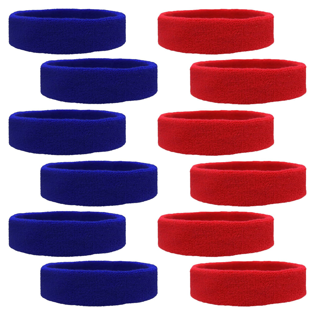 Sweatbands 12 Terry Cotton Sports Headbands Sweat Absorbing Head Bands 6 Red 6 Blue