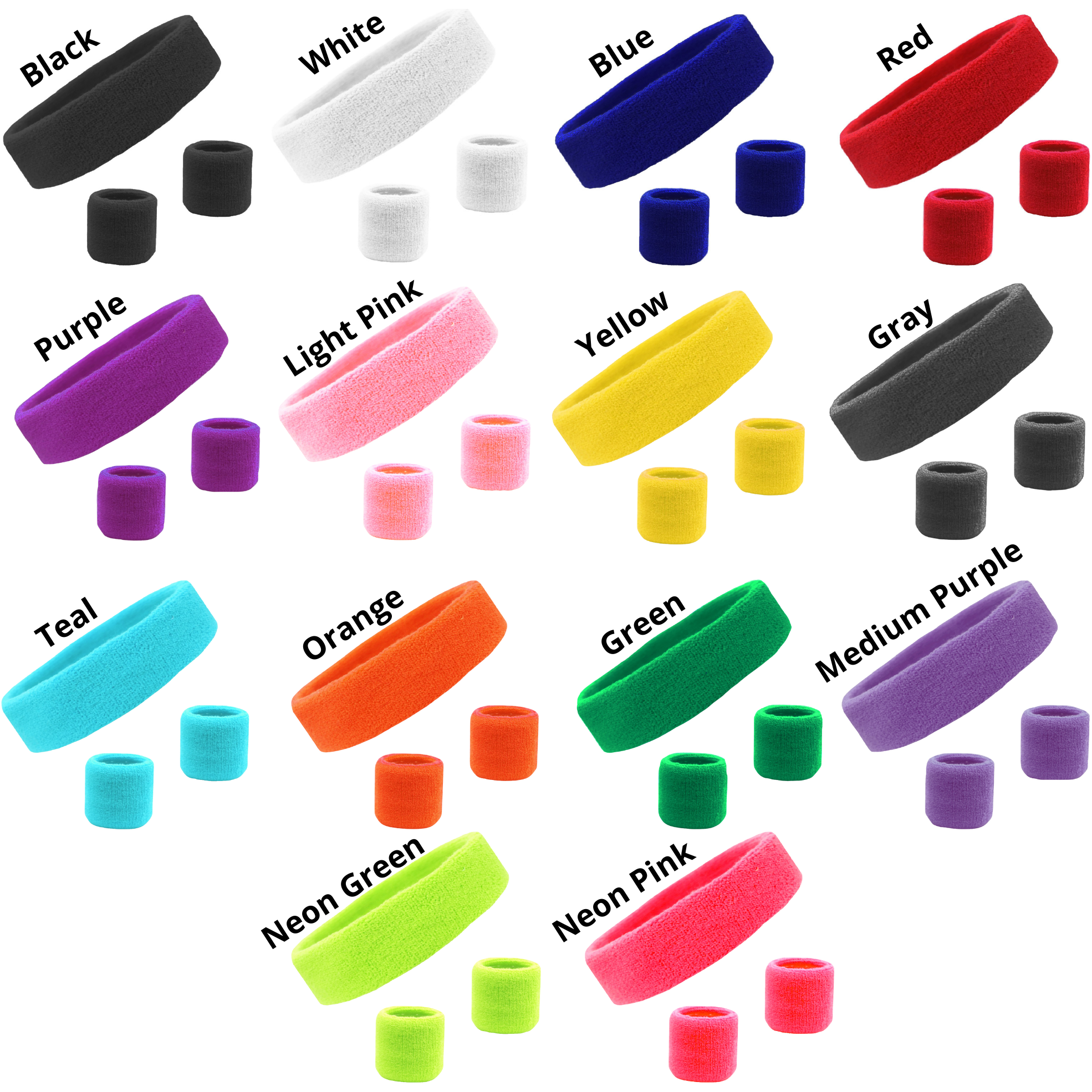 Sweatband Sets Terry Cotton Headband and 2 Wristbands Pack 