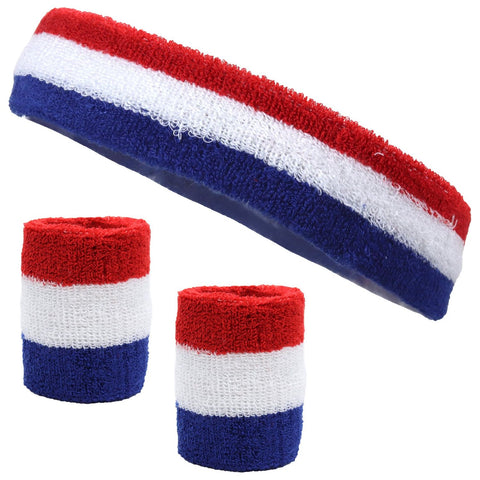 Sweatband Set 1 Terry Cotton Headband and 2 Wristbands Pack Red White Blue